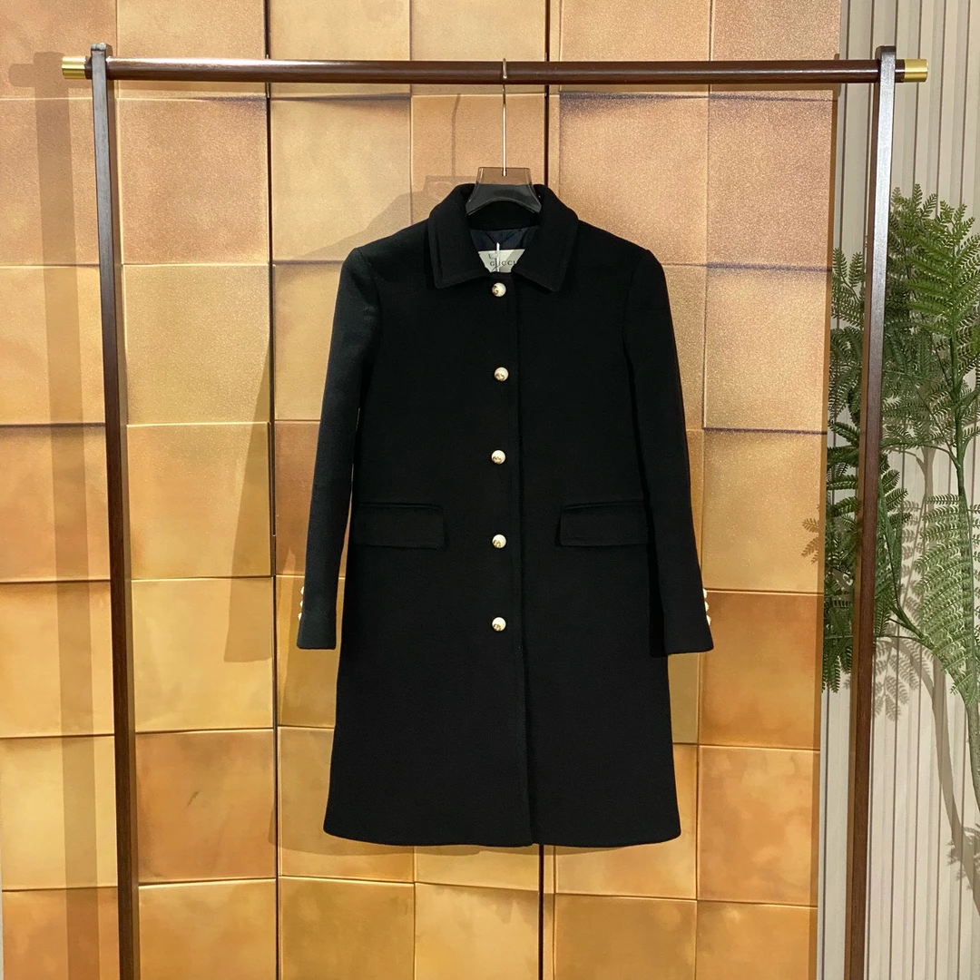Gucci 黑色双G珍珠扣羊毛大衣/38码/99新/女24536