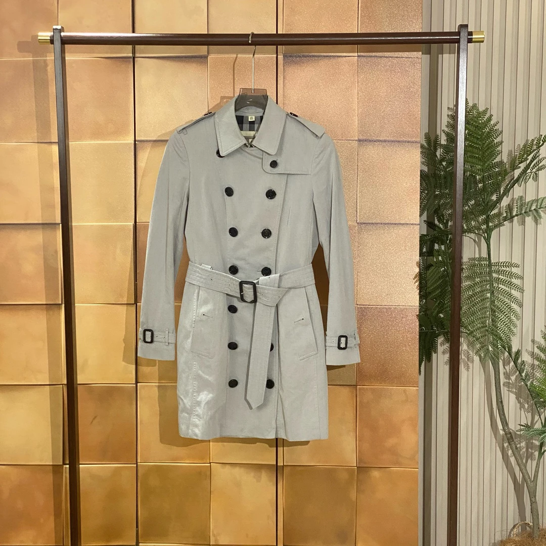 Burberry灰色内里格纹满印双排扣可拆卸风衣/38码/99新/女24494