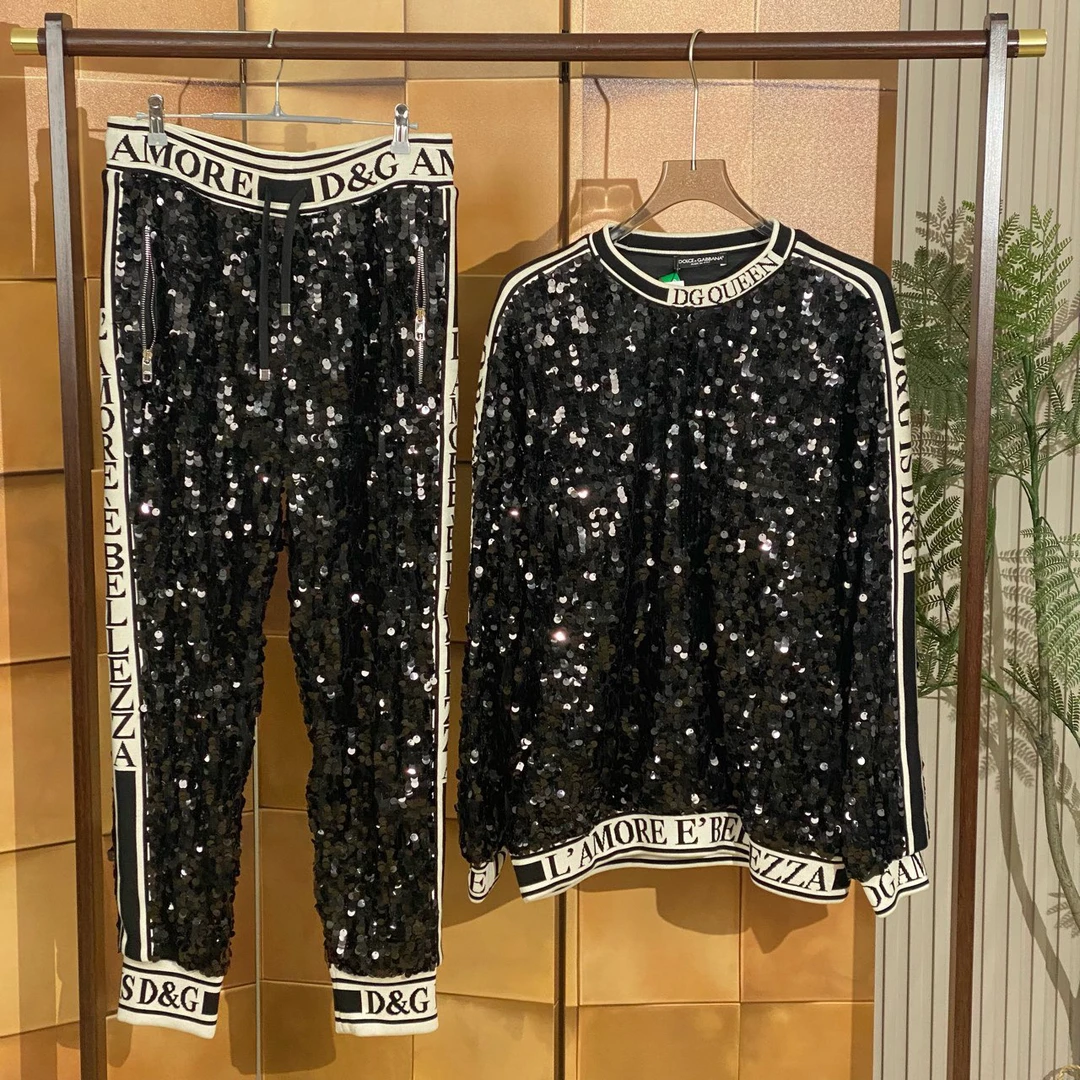 Dolce Gabbana DG黑色亮片串标logo长裤/44码/99新/女42608