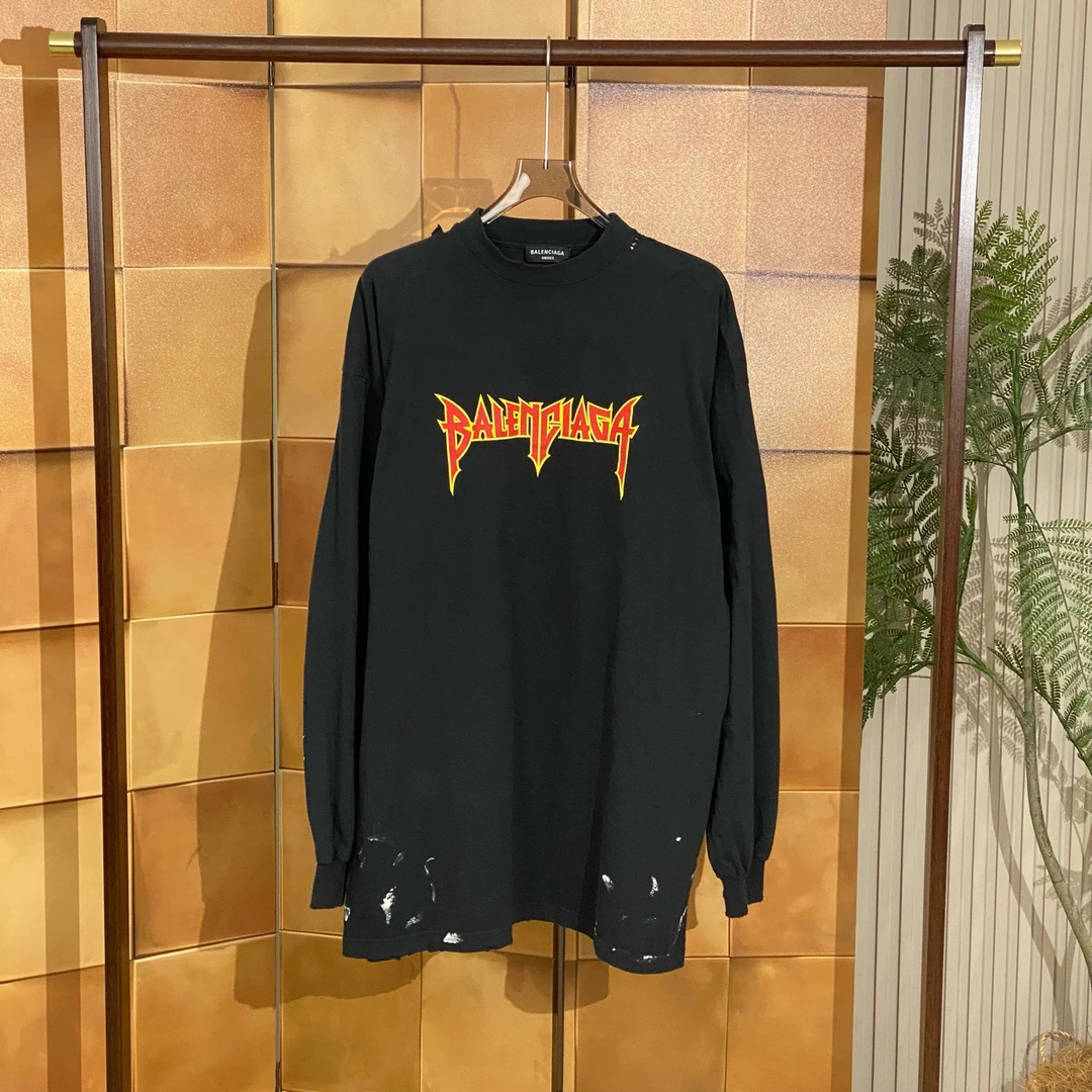 Balenciaga黑色破坏泼墨火焰闪电logo长袖/2码/全新原吊/42653