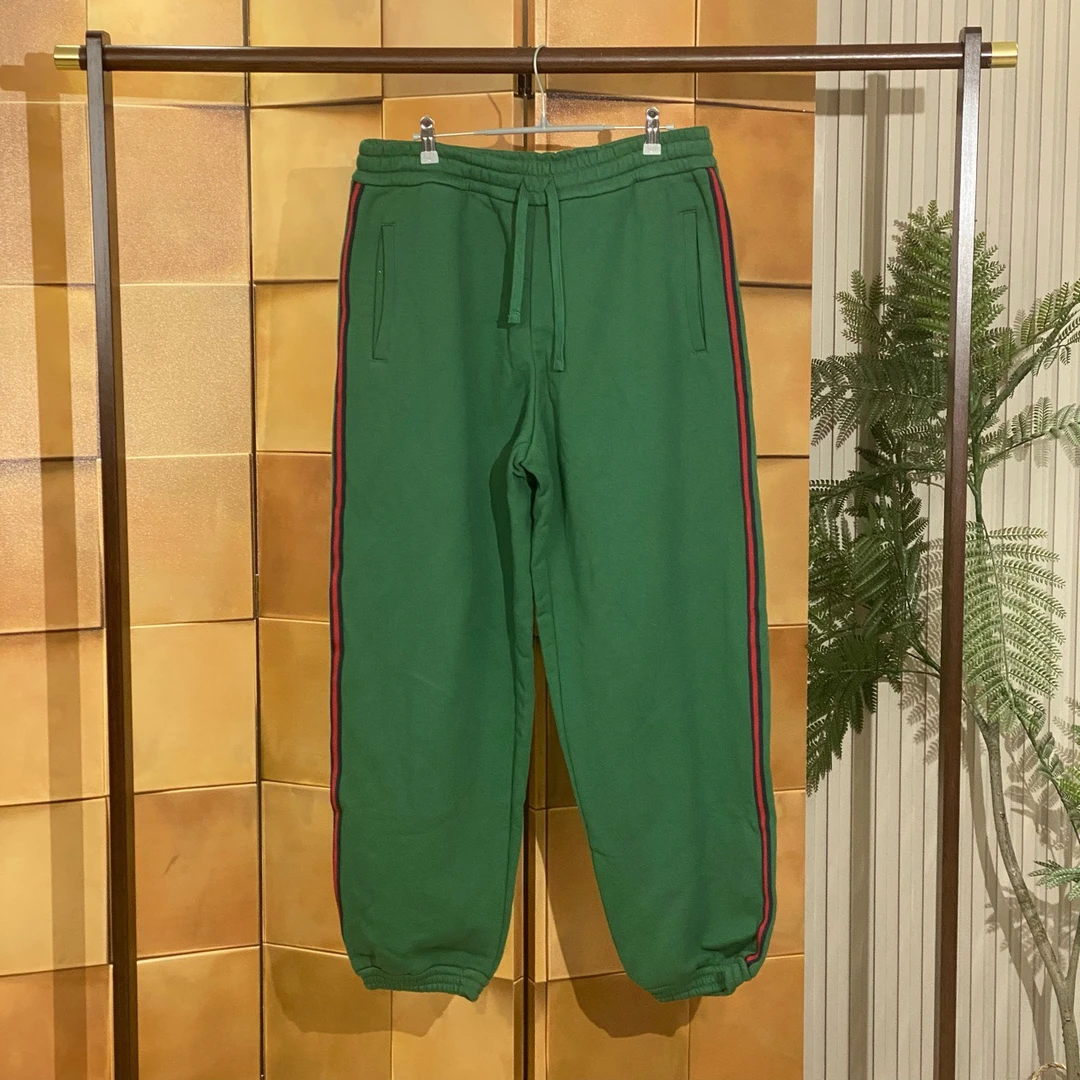 Gucci 23fw新款绿色刺绣字母侧边条纹长裤/L码/全新原吊/女24077