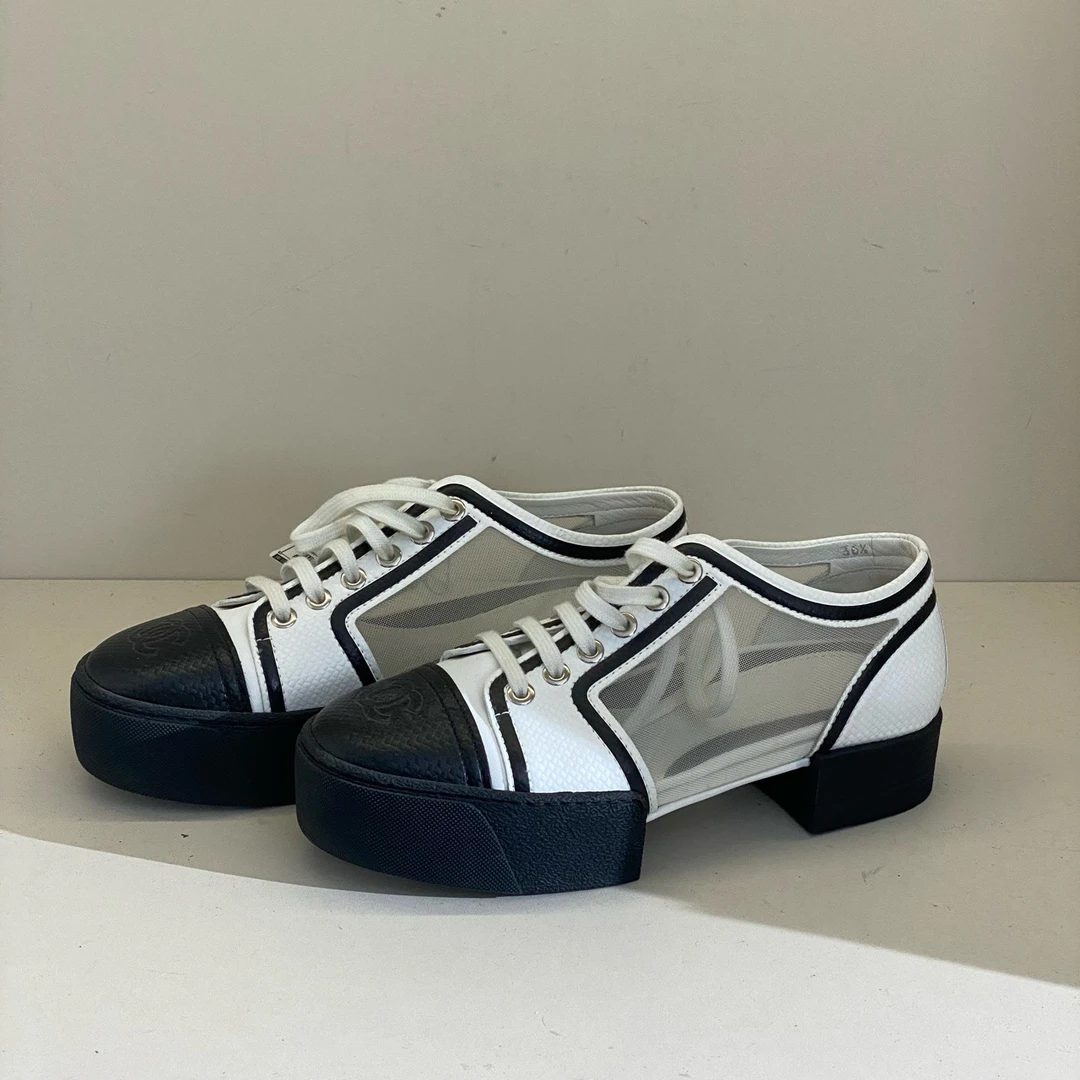 Chanel 秀款黑白双C网纱鞋/36.5码/99新/19313