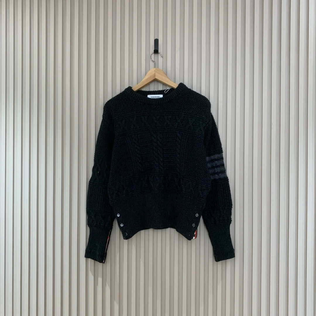 ThomBrowne22fw深灰色麻花四条纹羊毛针织毛衣/3码全新/女13608