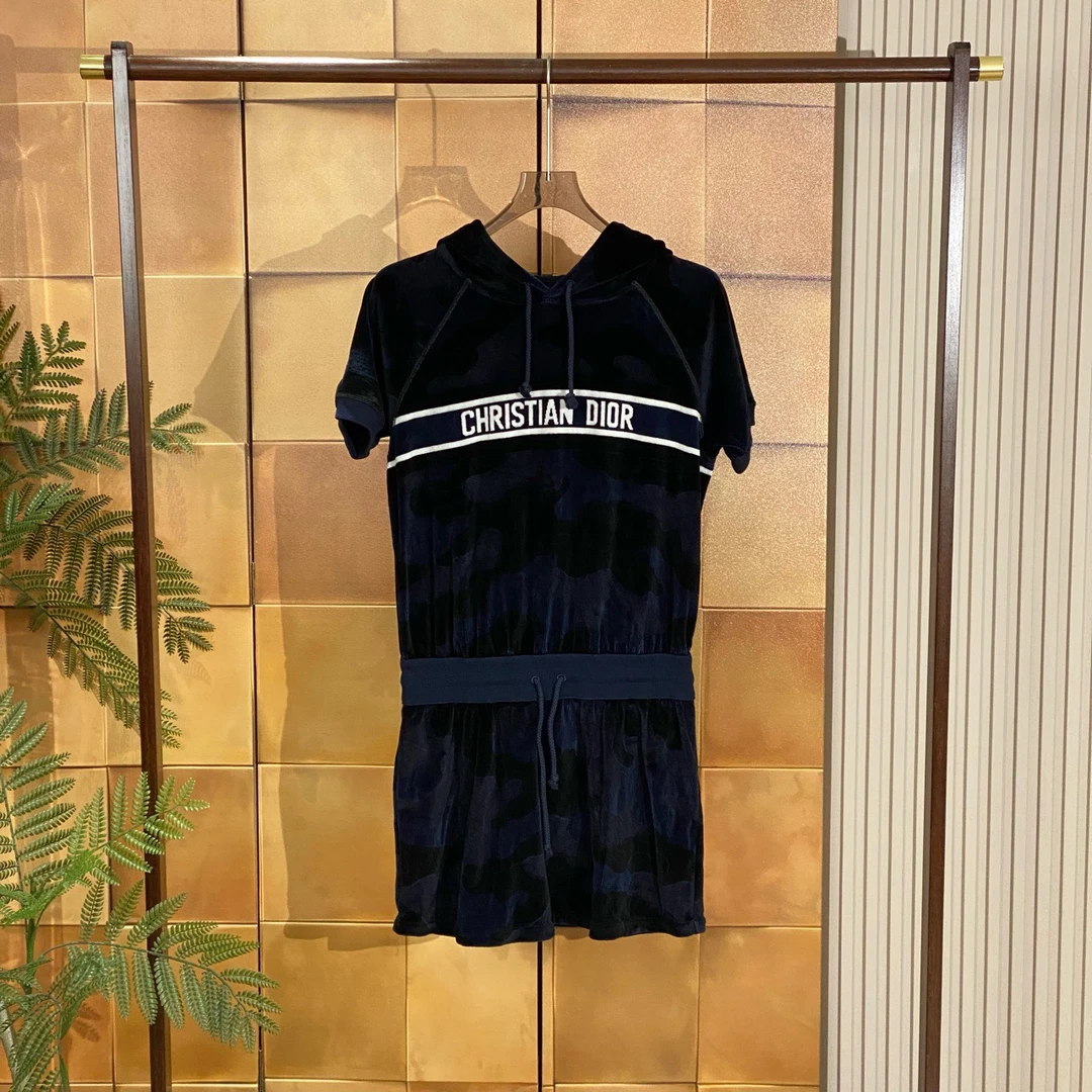 Dior蓝色丝绒迷彩标语字母logo连衣裙/s码/全新带吊/28131