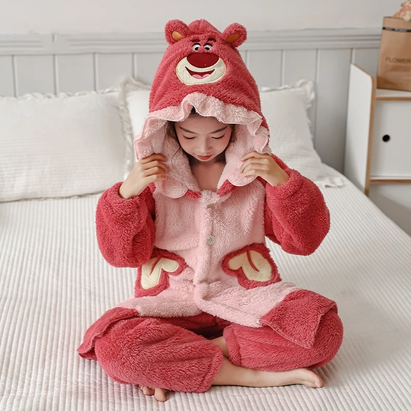 中大童连帽女童睡衣加绒保暖男童秋冬珊瑚绒法兰绒冬款家居服套装