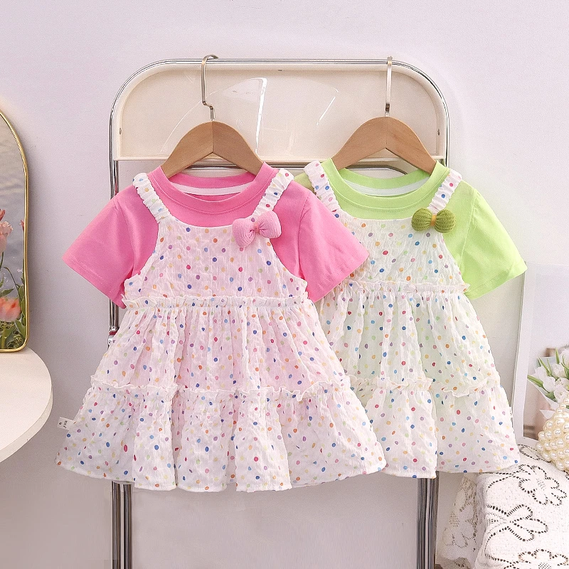 女童夏装女孩新款纯色韩版洋气百搭清新波点背带裙两件套韩系小童