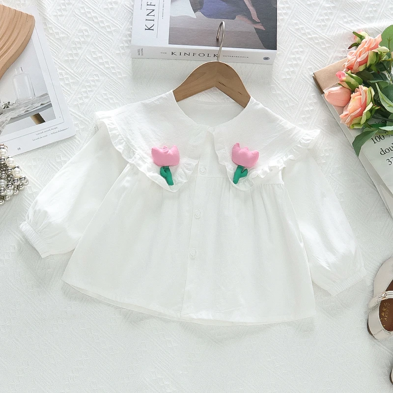 女童娃娃领清新小花朵娃娃衫时尚上百搭长袖宝宝打底衬衫女童白色