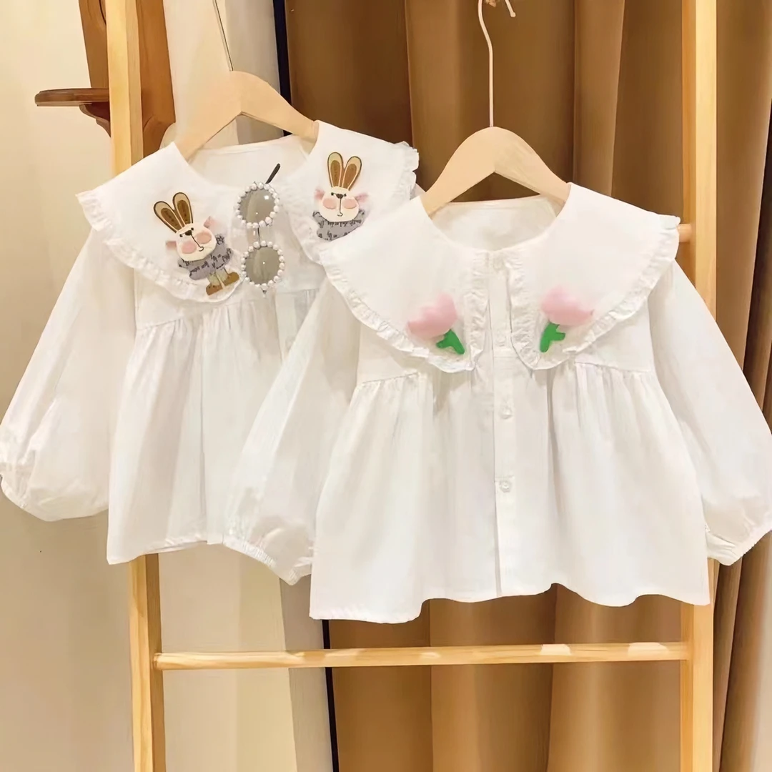 翻领女童娃娃领卡通小兔兔娃娃衫时尚百搭上新打底衬衫女童翻领潮