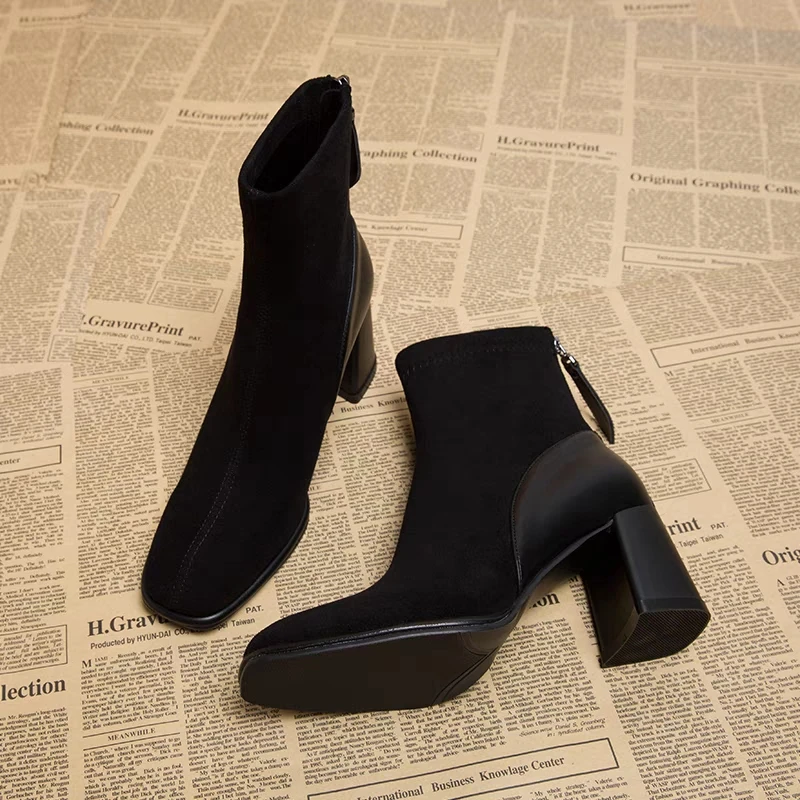 2025年新款高跟方头瘦瘦靴网红气质爆款女靴小个子增高显瘦短靴