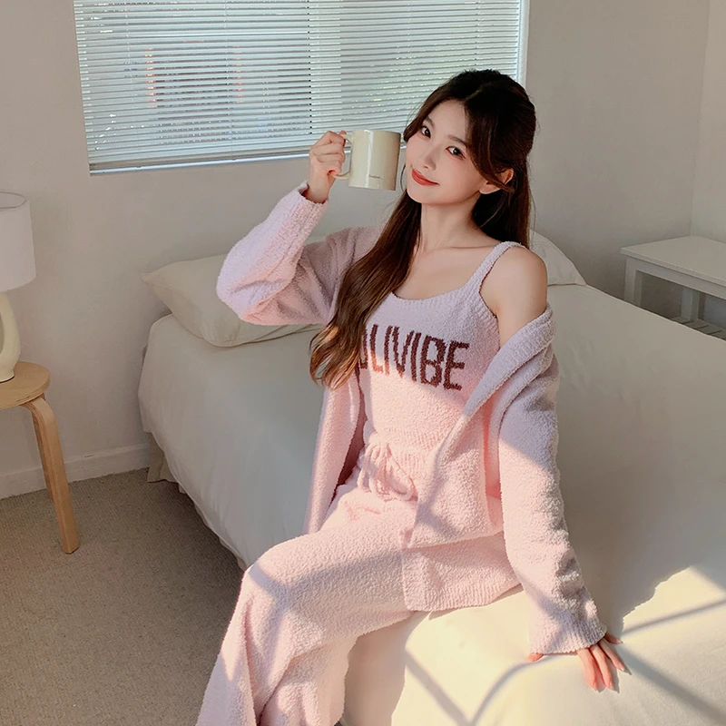 纯欲三件套软绵绵半边绒睡衣女秋冬季甜美少女风家居服套装可外穿