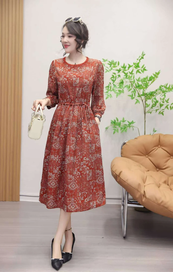 【遇见妳】5562新款花边领双色复古图腾收腰显瘦气质时尚女装连衣裙