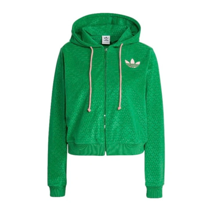阿迪达斯三叶草印花拉链抽绳连帽运动长袖外套女款IB2047绿色
