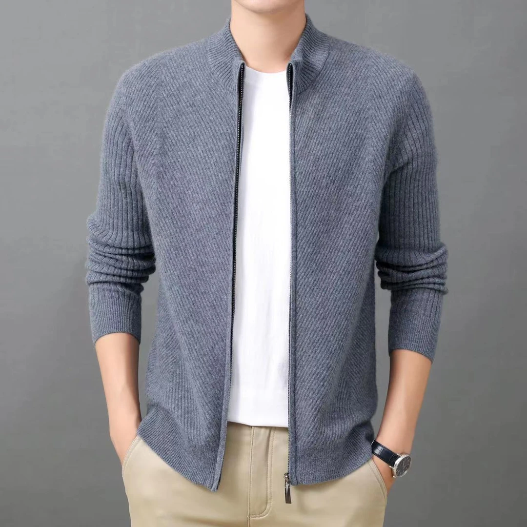 【纯山羊绒】秋冬针织外套男加厚保暖上衣纯色男士休闲山羊绒夹克01