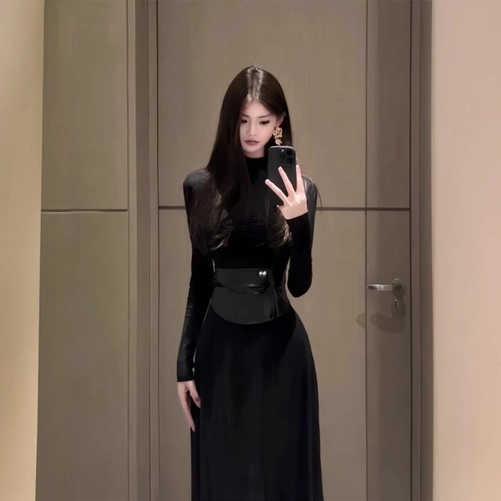 法式气质优雅御姐风黑色连衣裙女秋季新款收腰显瘦洋气打底长裙子