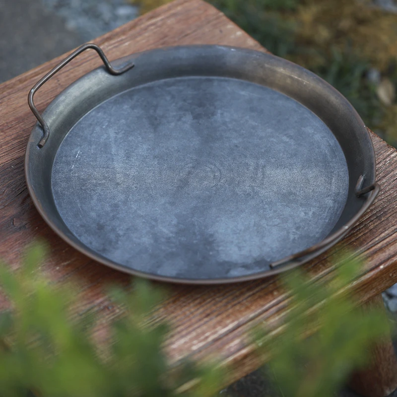 复古铁艺托盘做旧圆形带把收纳盘家居摆件收纳置物盘庭院茶台壶承