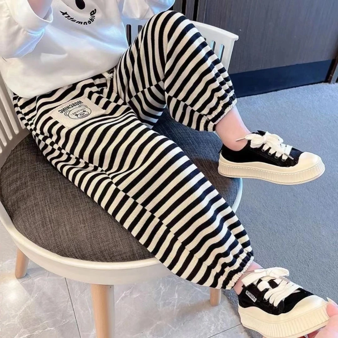 韩版条纹卫裤系带时尚童装男女童束脚休闲裤春秋男童百搭哈伦裤潮