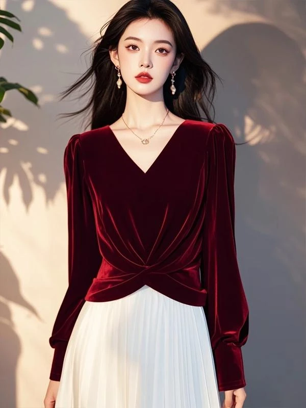 洋气高端别致绝美上衣法式轻熟小众轻奢高级感安可拉红丝绒衬衫秋