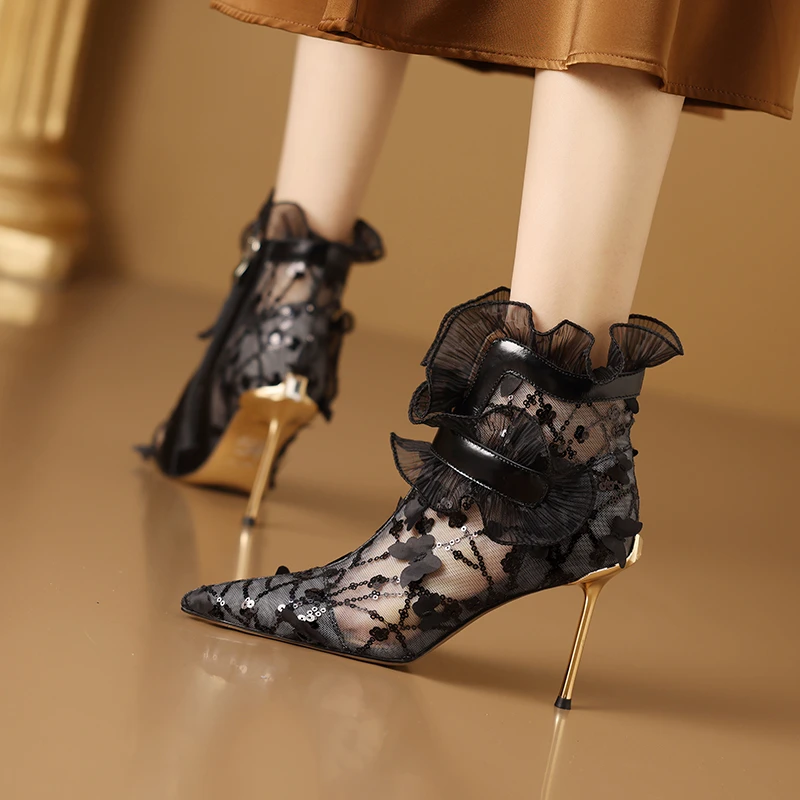 时尚真皮蕾丝凉靴气质夏季网靴白色配裙子镂空凉鞋女细跟凉靴女