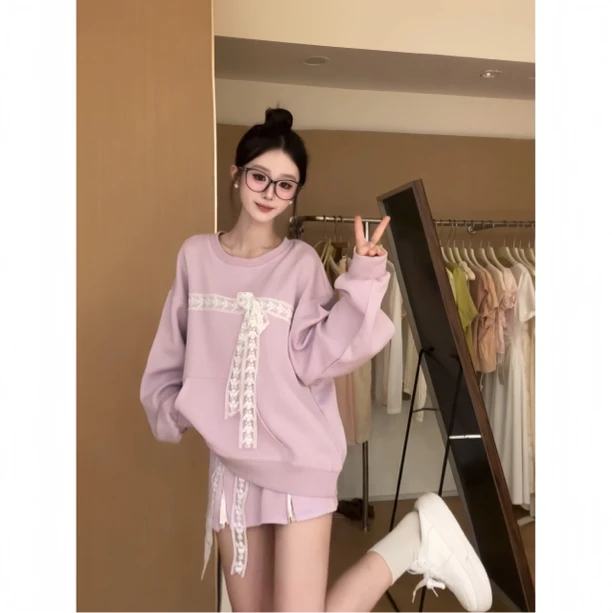 2024秋新款多巴胺休闲蕾丝香芋紫卫衣套装女裙装两件套G0016