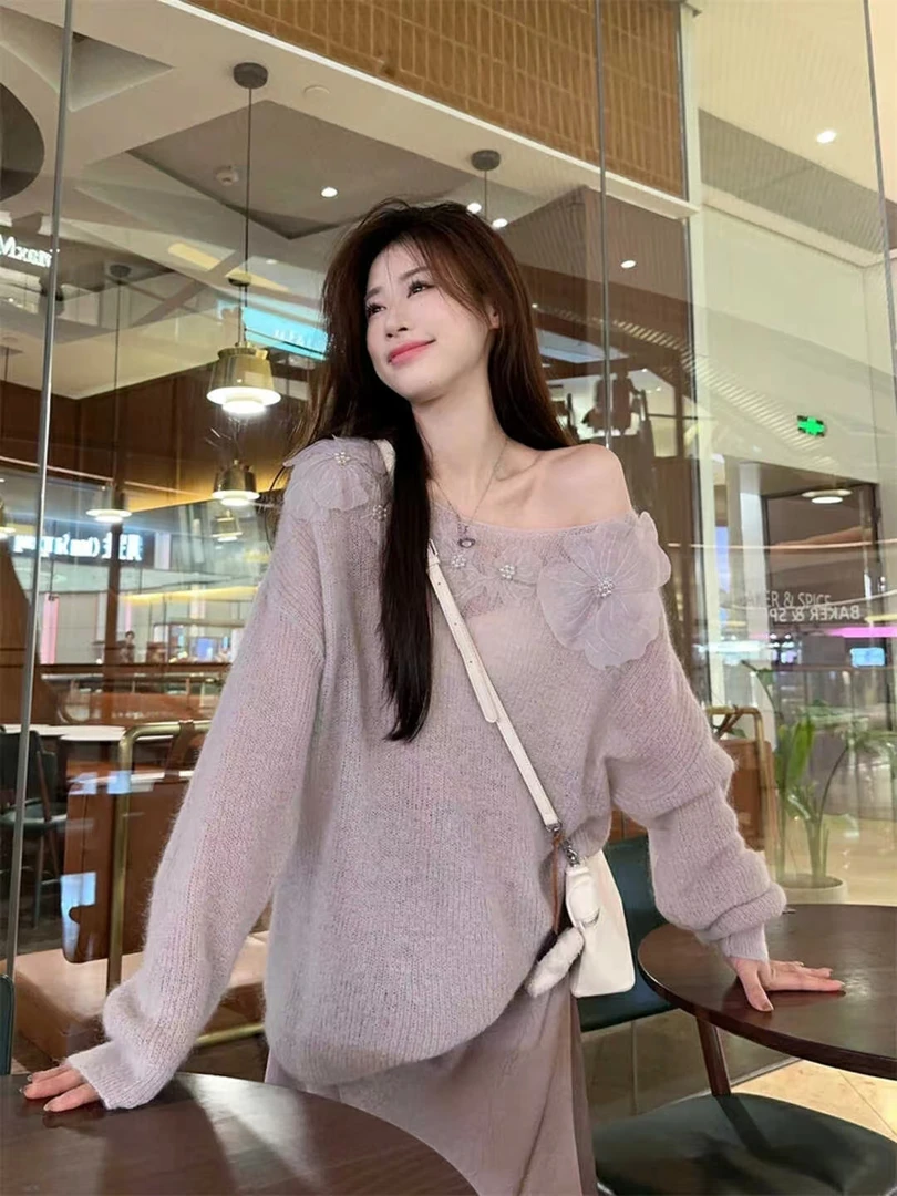 SW法式甜美温柔风花朵毛衣女款软糯慵懒浅紫色针织毛衣G0058