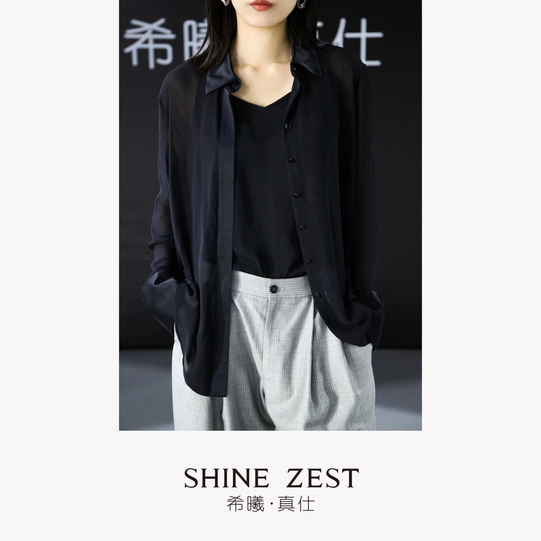 黑色真丝乔其面料拼接真丝缎基础直身长袖衬衫