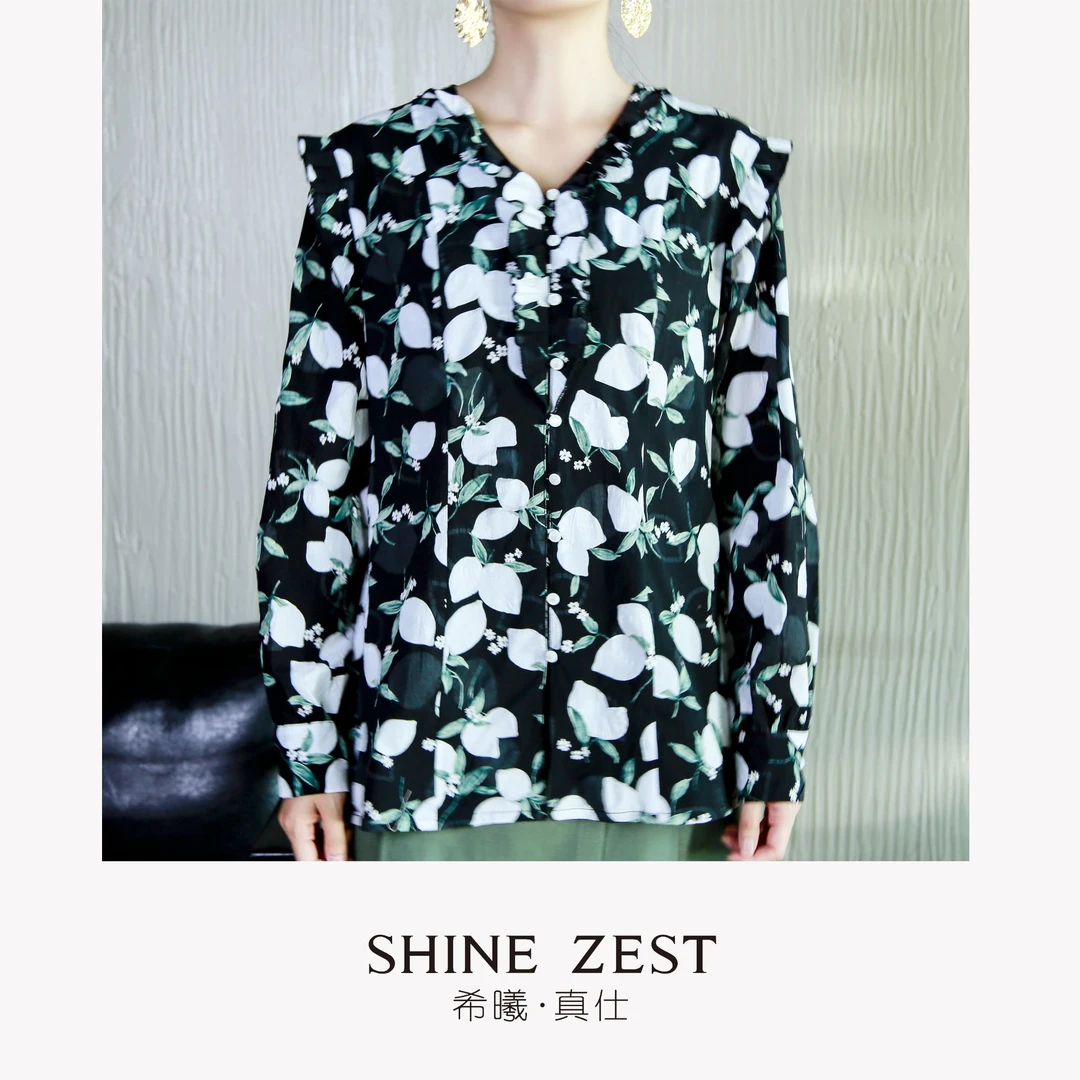 黑底白色印花棉质无领菲边设计长款收身长袖衬衫时尚