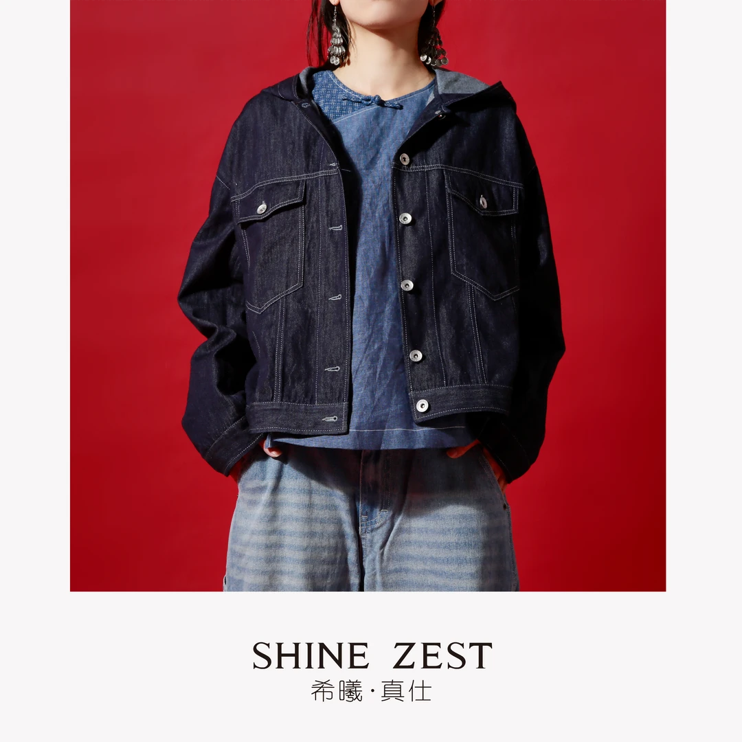 藏蓝色棉质牛仔面料连帽设计宽松廓形长袖牛仔外套上衣外套