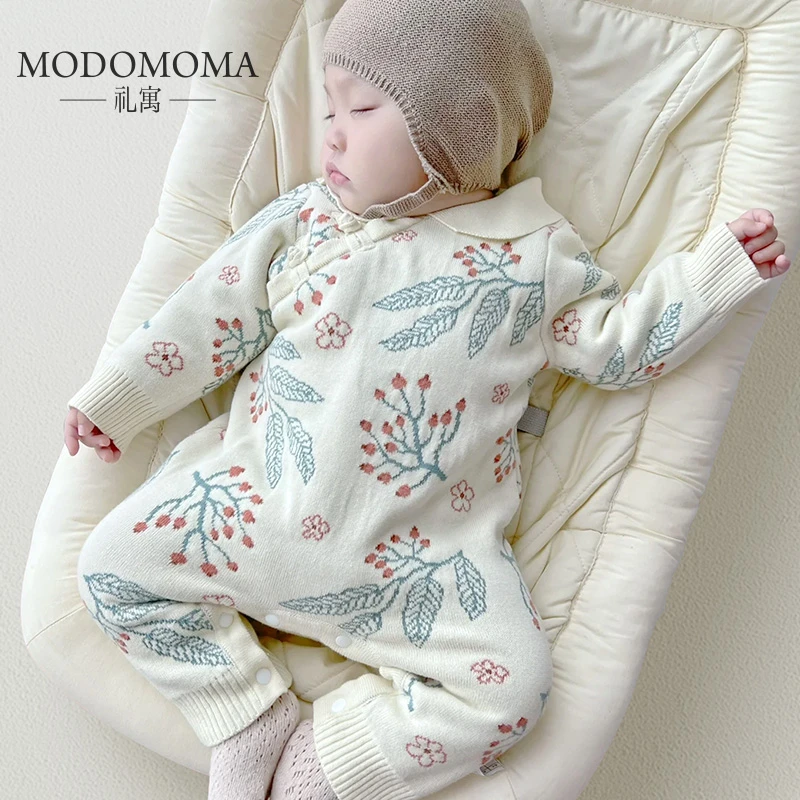 modomoma新生婴儿衣服秋冬男女宝宝保暖针织棉线连体洋气提花爬服