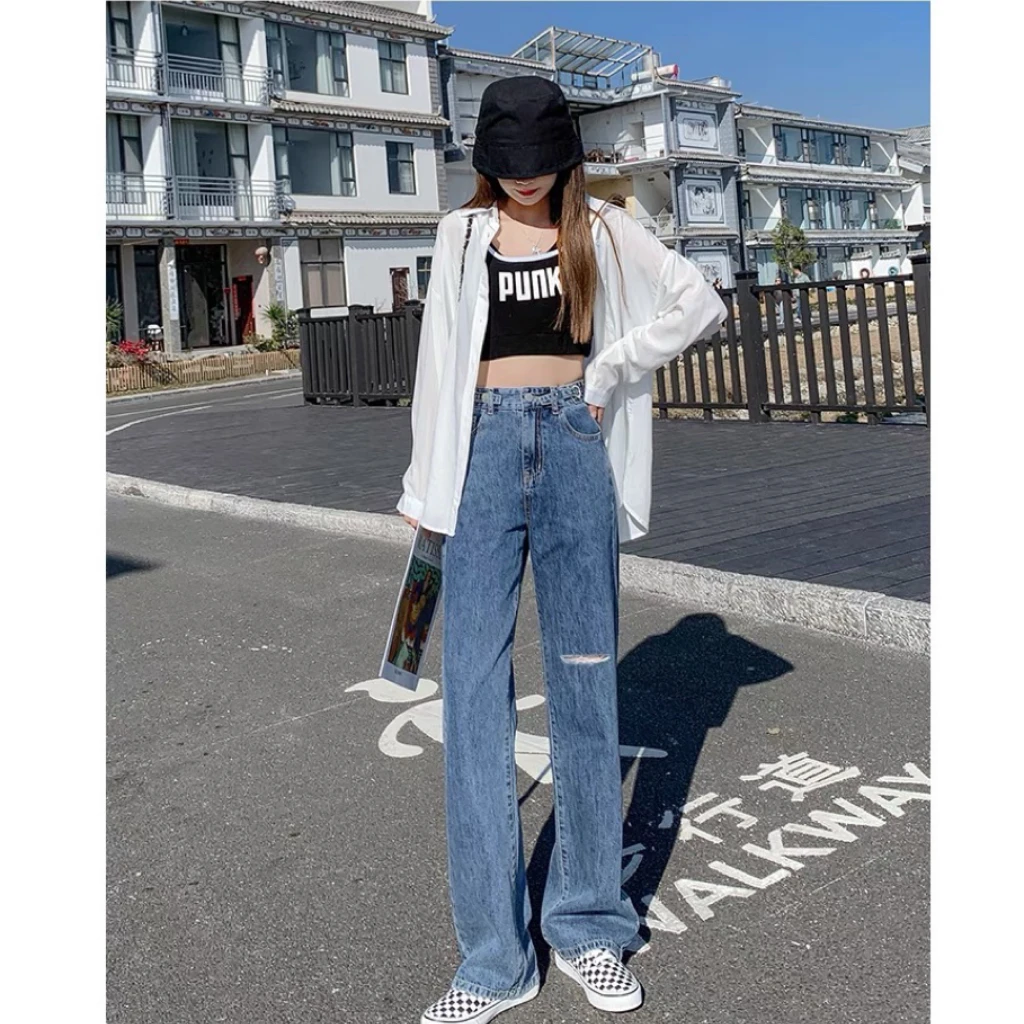 9902【九分长裤加长】破洞牛仔裤女直筒宽松拖地垂感阔腿裤
