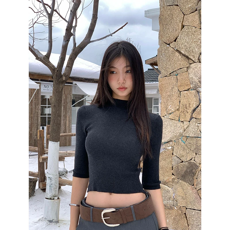 withmin早秋幽雅 显瘦长袖圆领修身长袖T恤上衣【2411566】