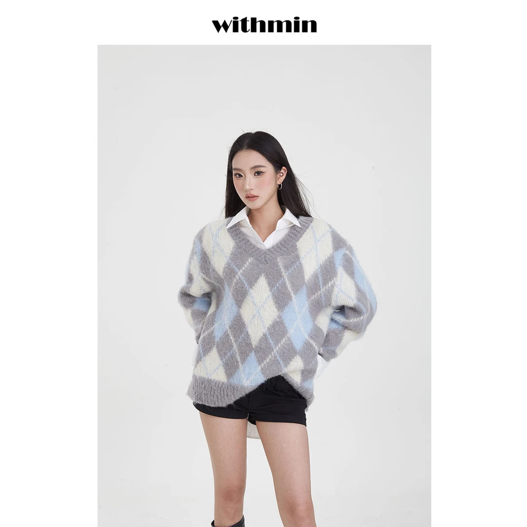 withmin 学院艺术生  菱格撞色套头毛衣女秋宽松休闲针织上衣