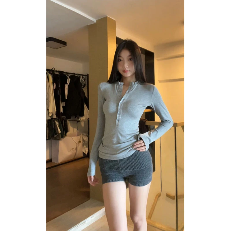 withmin自成焦点 半开领亨利长袖打底上衣翻边短裤套装【2411699】