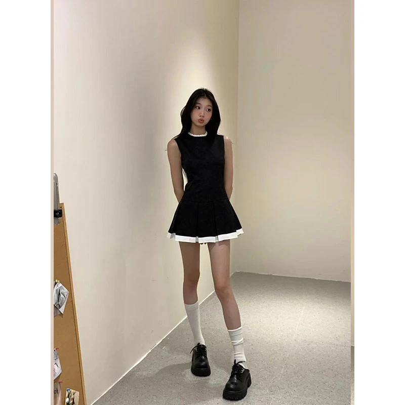 withmin黑色浪潮 辣妹显瘦气质无袖拼接复古花纹连衣裙【2410774】