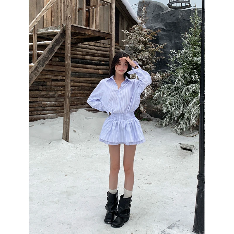【原创】学姐气质 显瘦设计感百搭宽松条纹polo领连衣裙【2411570】