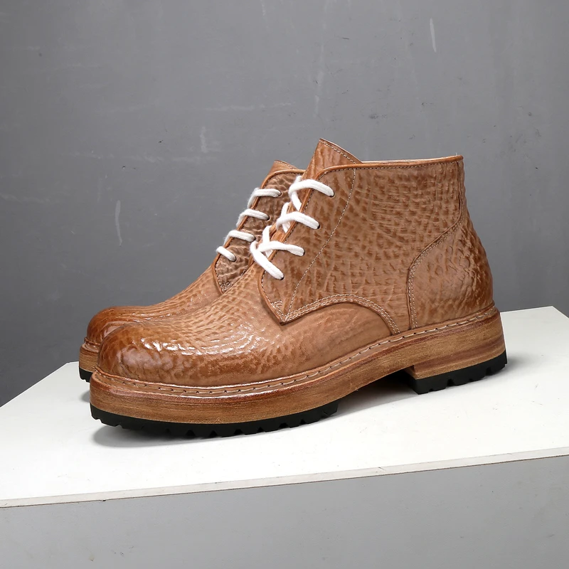 马皮 缩纹马臀皮 马丁靴男士休闲复古 透气工装机车靴 中帮男鞋