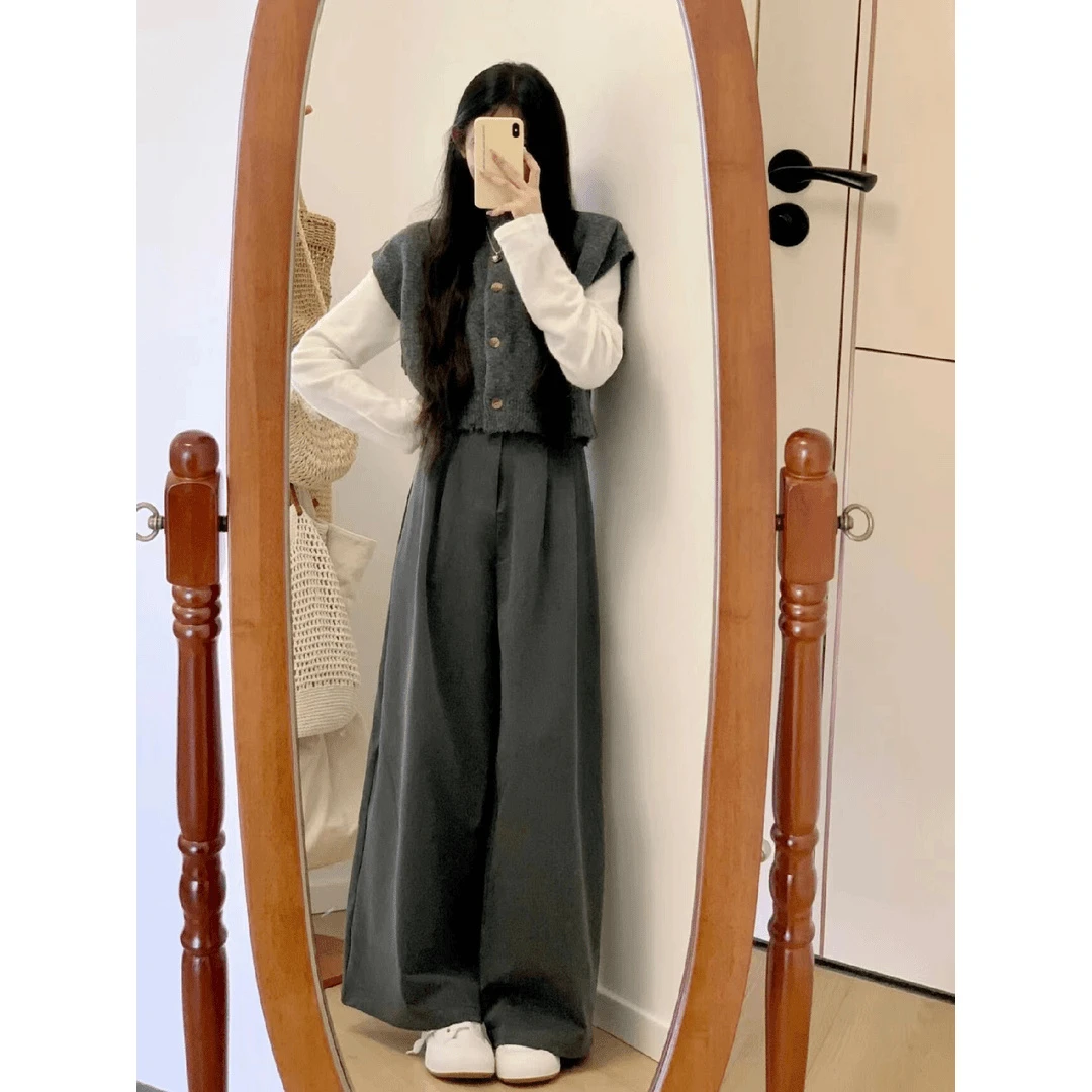 时尚套装女2025秋季新款灰色显瘦马甲气质长袖T恤百搭宽松阔腿裤