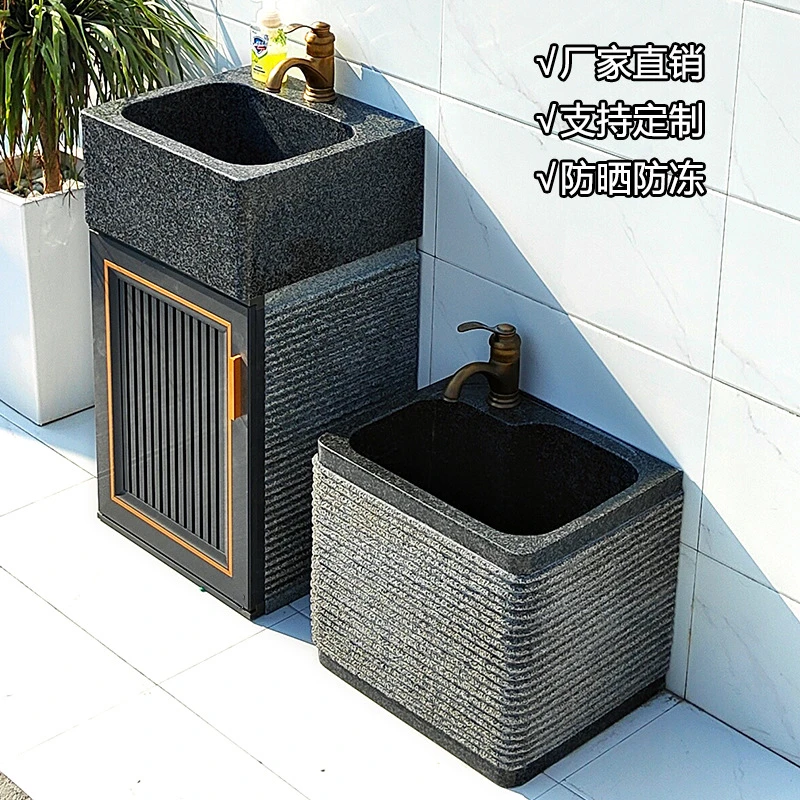 室外庭院洗手池天然一体石材别墅花园水池台盆户外石头立柱洗手盆
