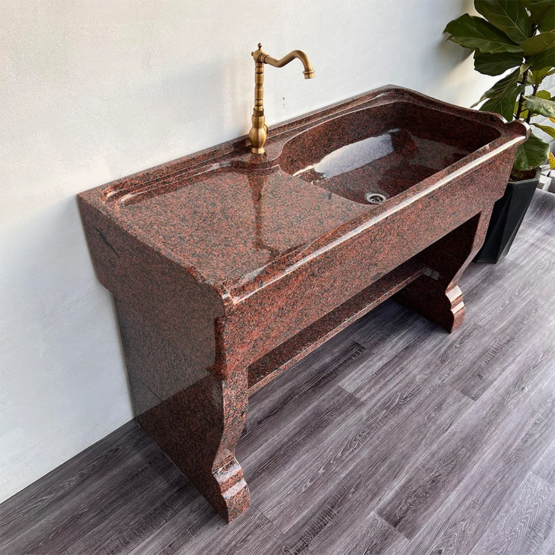 天然枫叶红洗衣槽阳台石头洗手台户外大理石洗衣池别墅庭院水槽盆