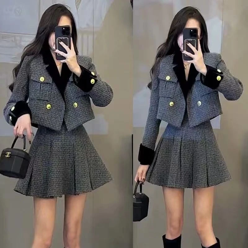 2024春季小香风西服外套+百褶短裙两件套网红洋气新款时尚套装女