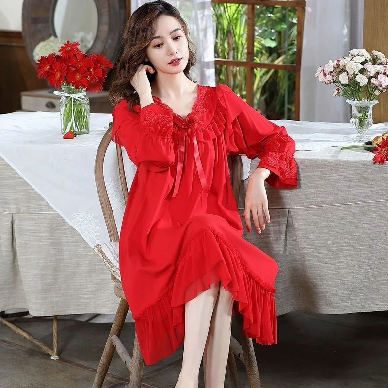 大红色本命年女长袖睡裙秋冬中长款结婚喜庆睡衣家居服薄款裙装