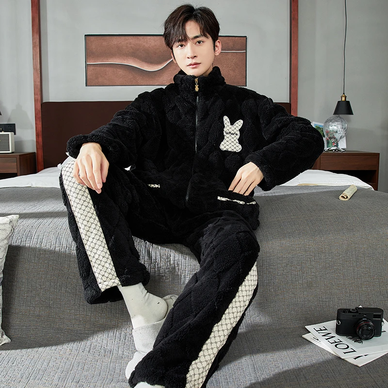 珊瑚绒睡衣男士冬季加绒加厚大码法兰绒秋冬款保暖开衫家居服套装