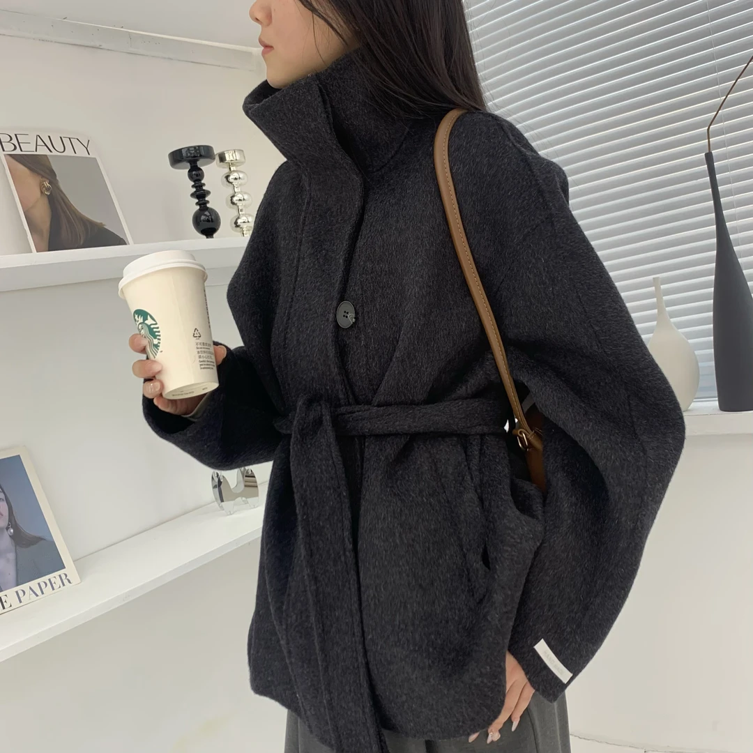 韩系立领定制设计单排扣双面羊毛大衣韩版宽松显瘦毛呢秋冬外套女