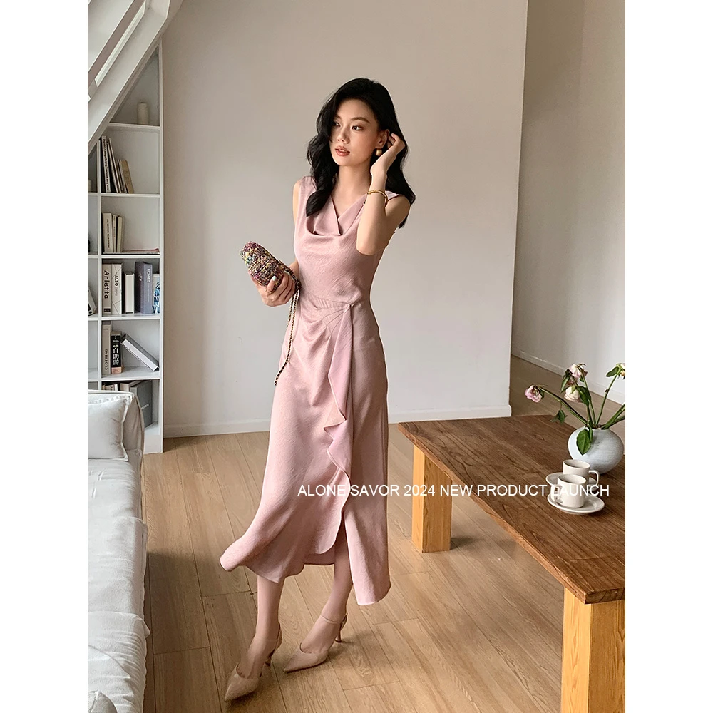 【ALONE SAVOR】莱蒂，一片式褶裥垂感洒金荡领不规则剪裁连衣裙U061