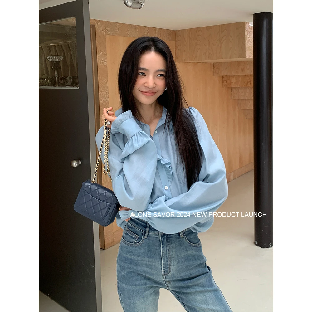 【ALONE SAVOR】时尚休闲百搭长袖衬衫春季纯色荷叶领衬衣W467