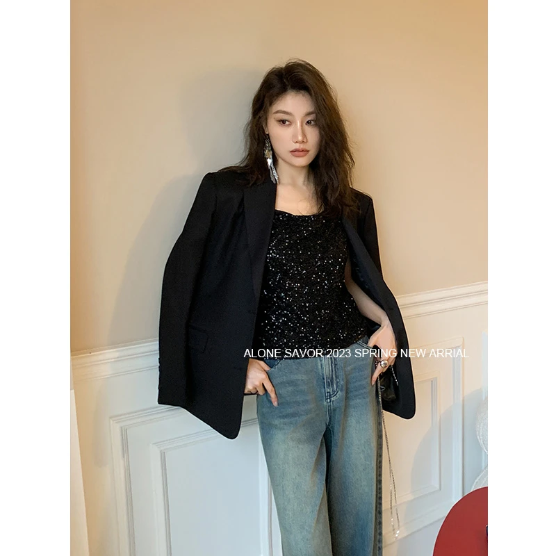 【ALONE SAVOR】 神秘星空百搭亮片高级感吊带黑色抹胸女士背心2154