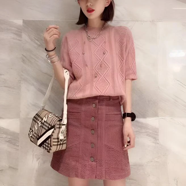 清! 山羊绒圆领绞花短袖1898202