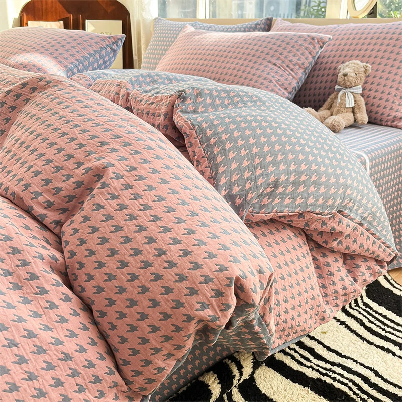 A类色织纯棉100全棉提花双层纱千鸟格高档舒适被套四件套简约双面