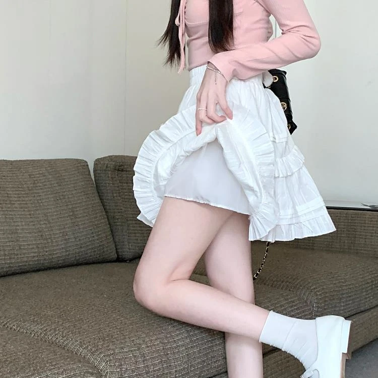 甜美芭蕾风白色荷叶边防走光半身裙女春秋小个子蛋糕蓬蓬