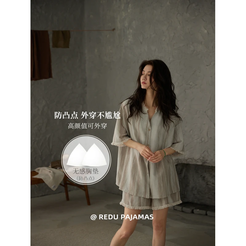 热妒睡衣女款爆款2025新款薄款带胸垫短袖夏天外穿女士家居服套装