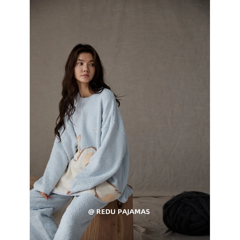 热妒半边绒睡衣女秋冬季宽松可爱猫咪加厚珊瑚绒慵懒风家居服套装